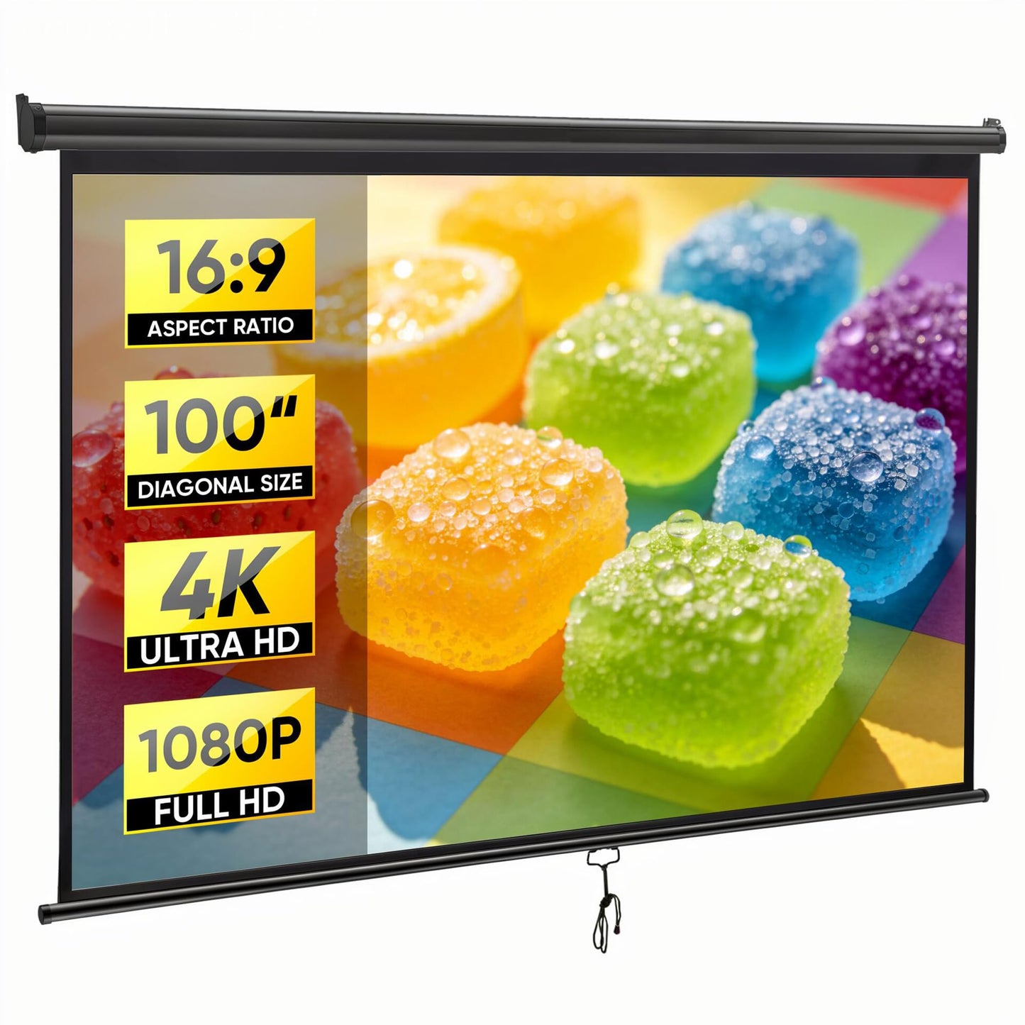 ZENY 100 Inch Projector Screen HU-XI-201 Manual Mounting, Matte Finish, 16:9 Aspect Ratio, Metal/PVC Enclosure