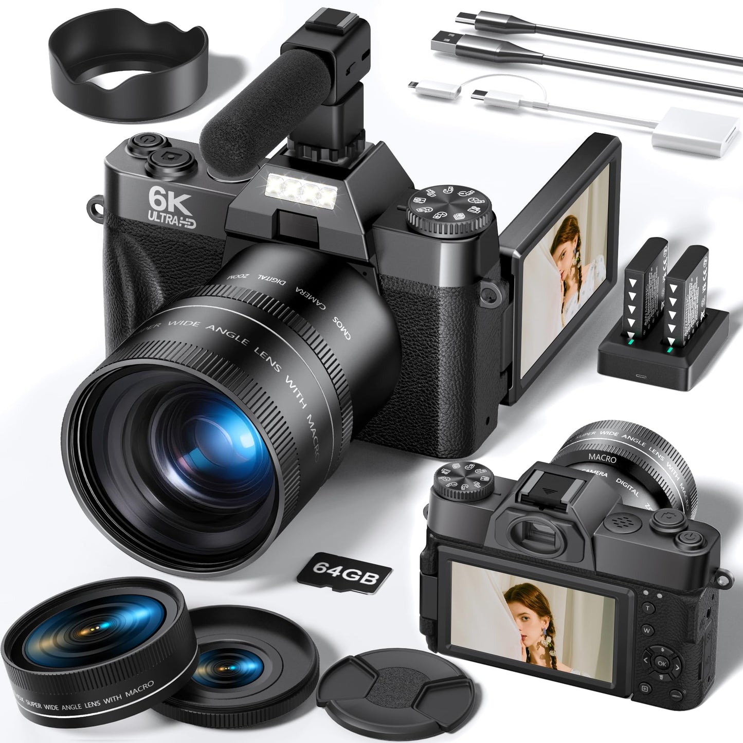 FLATIC 64MP CDR10 6K Digital Camera Compact with 3" AMOLED Screen
