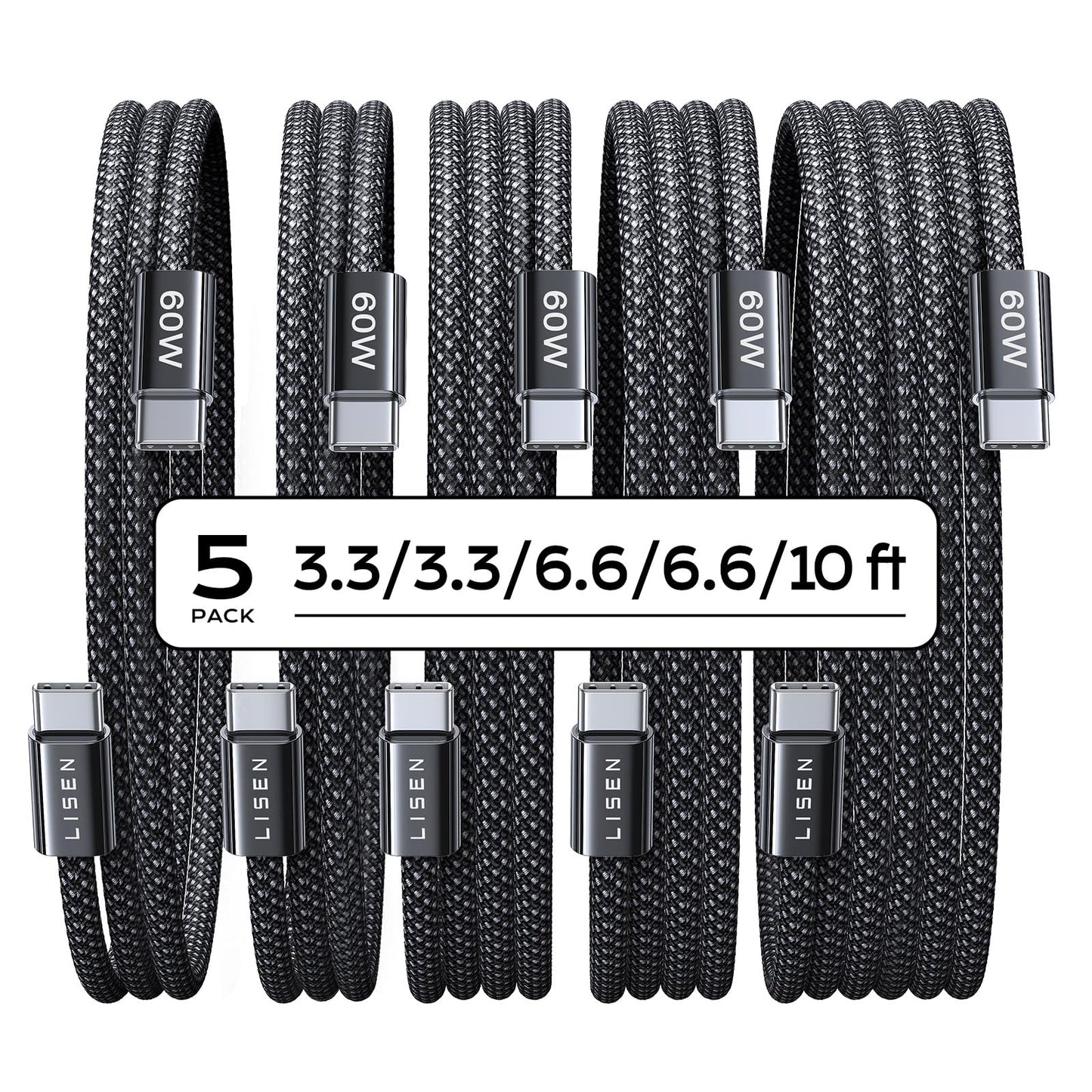LISEN USB C to USB C Cable 5-Pack 60W 480Mbps Male-to-Male Black