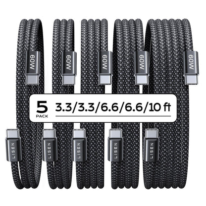 LISEN USB C to USB C Cable 5-Pack 60W 480Mbps Male-to-Male Black