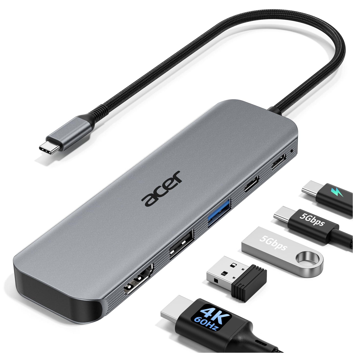 Acer 5-in-1 ODK5U0 USB-C Hub, 4K@60Hz Output, 100W Power Delivery, USB 3.0, Aluminum