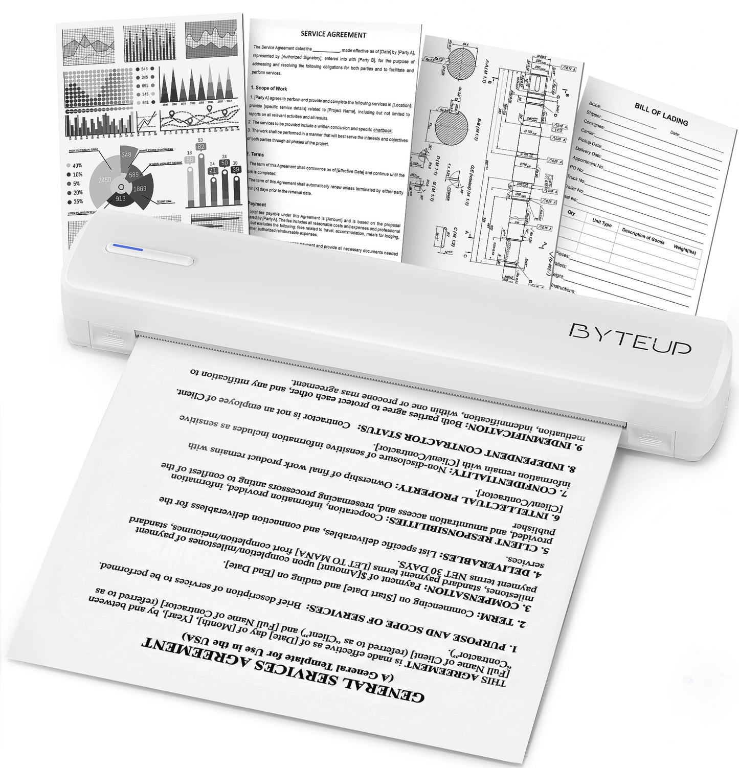 ByteUp C80 Portable Thermal Printer Monochrome 203 DPI 1-Tray 8.5x11 Inches