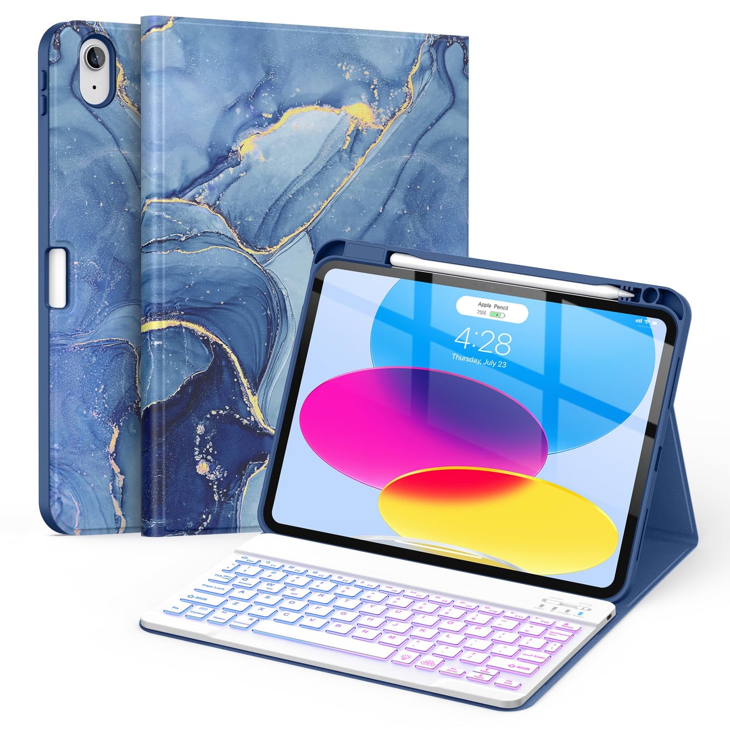 Soke iPad 10th/11th Generation Keyboard Case Model A2696/A2757/A2777/A3162 with Wireless Bluetooth Connectivity, Mechanical Switches, Ambidextrous Hand Orientation, Ocean Marble Color