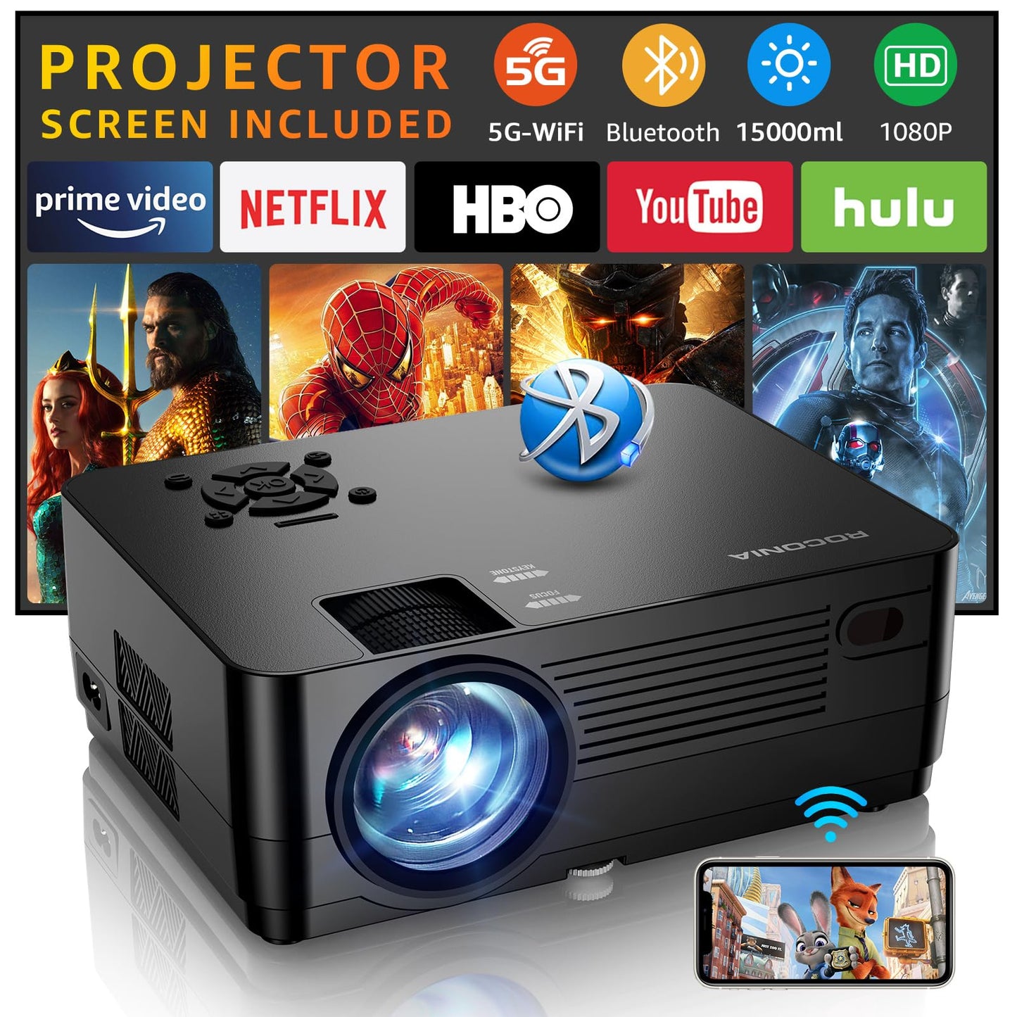 Roconia 100" Q6 Native 1080P 18000LM LCD Projector