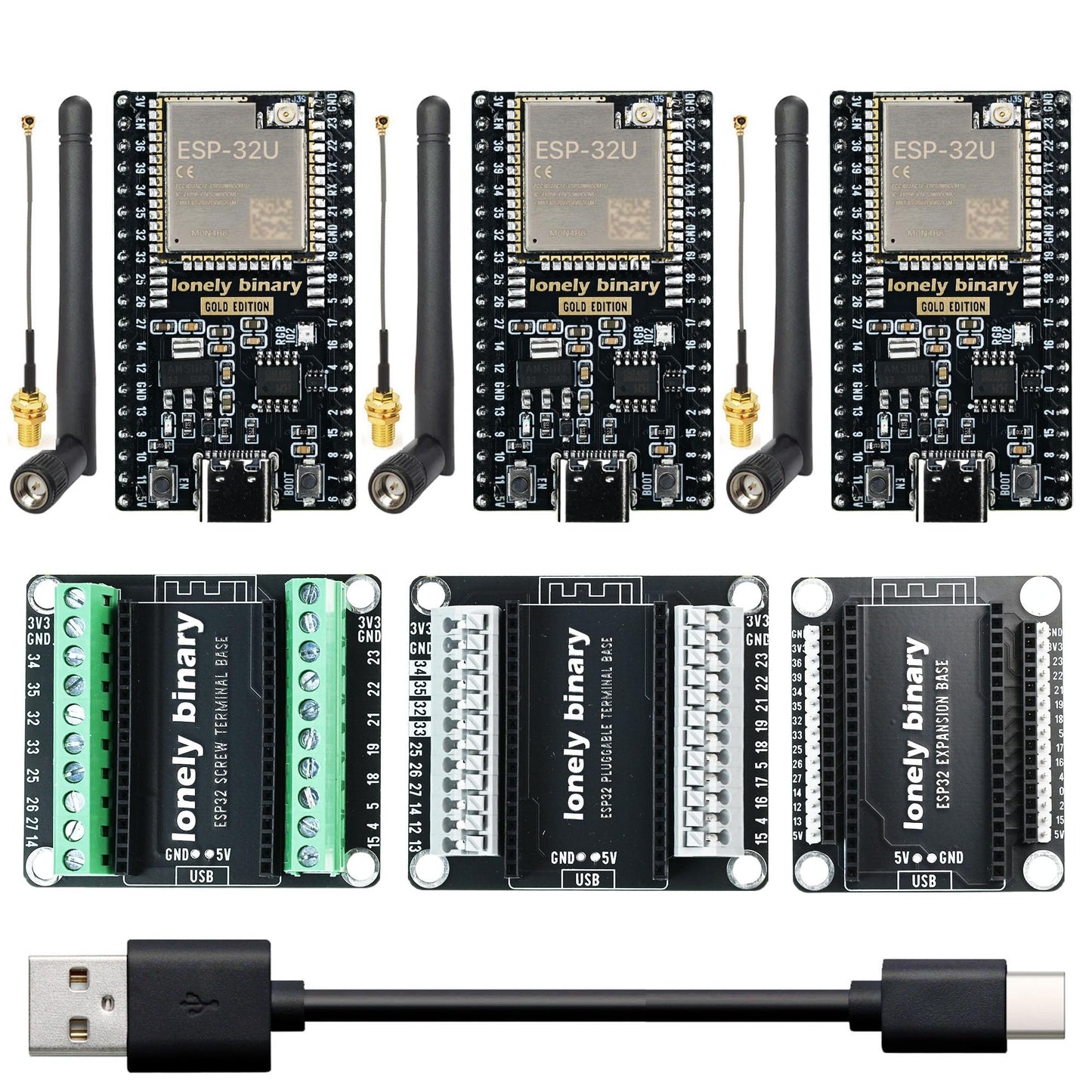 LONELY BINARY 3-Pack ESP32 External IPEX Antenna Edition Dual-Core MCU with Bluetooth and Wi-Fi Connectivity