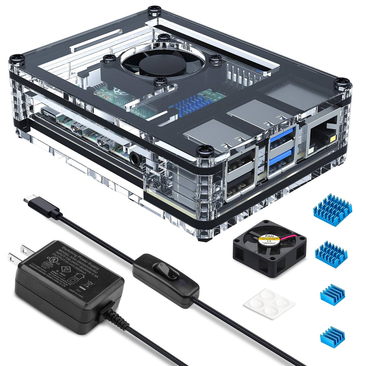 Miuzei Raspberry Pi 4 Case MC04-4L-F Clear Acrylic with 30mm Fan and Power Supply
