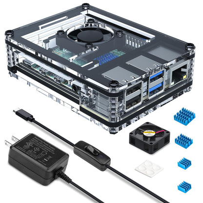 Miuzei Raspberry Pi 4 Case MC04-4L-F Clear Acrylic with 30mm Fan and Power Supply