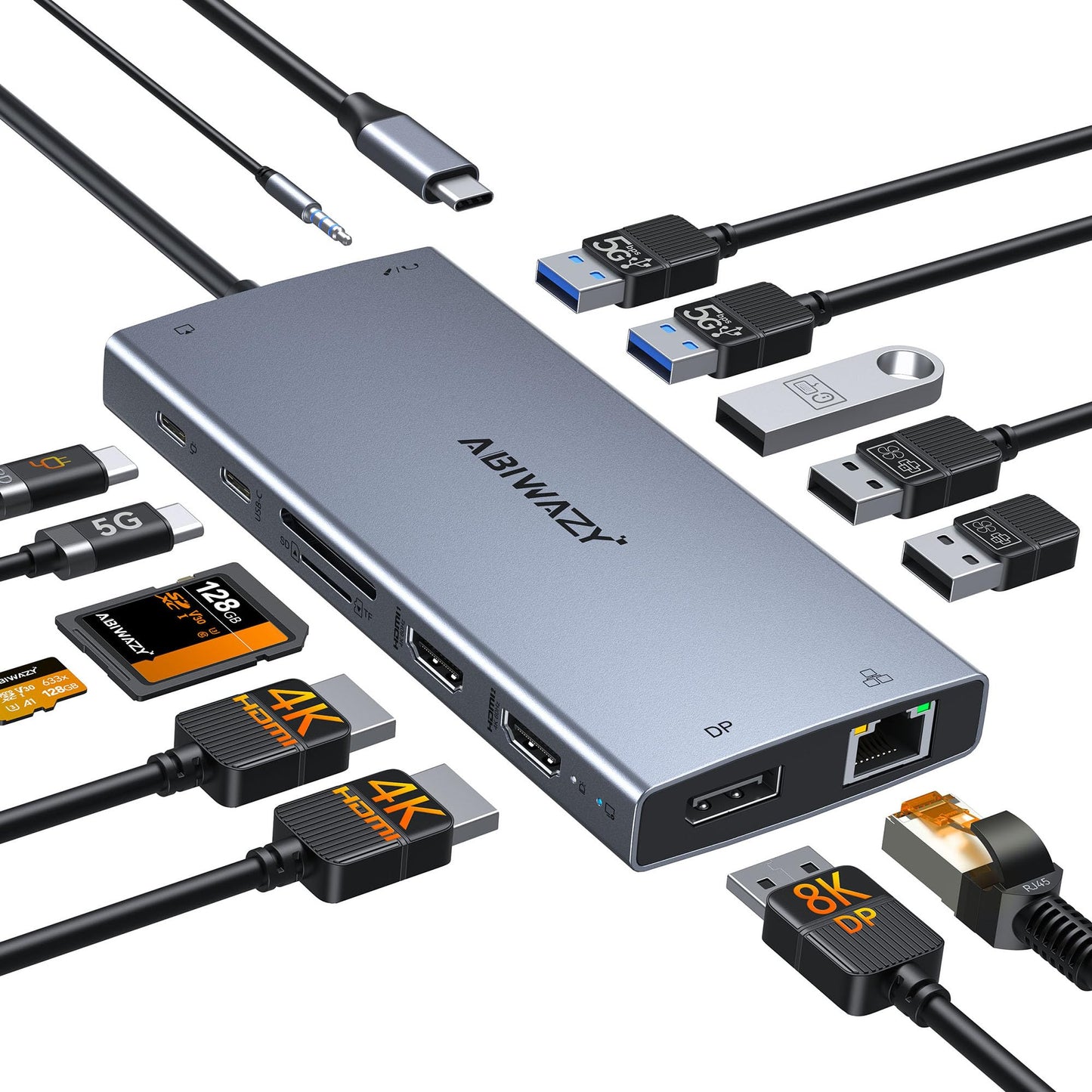 ABIWAZY 15-in-1 USB C Docking Station with Dual HDMI 4K, DisplayPort 8K, 100W PD, Ethernet, Audio, SD/MicroSD, Model AB026