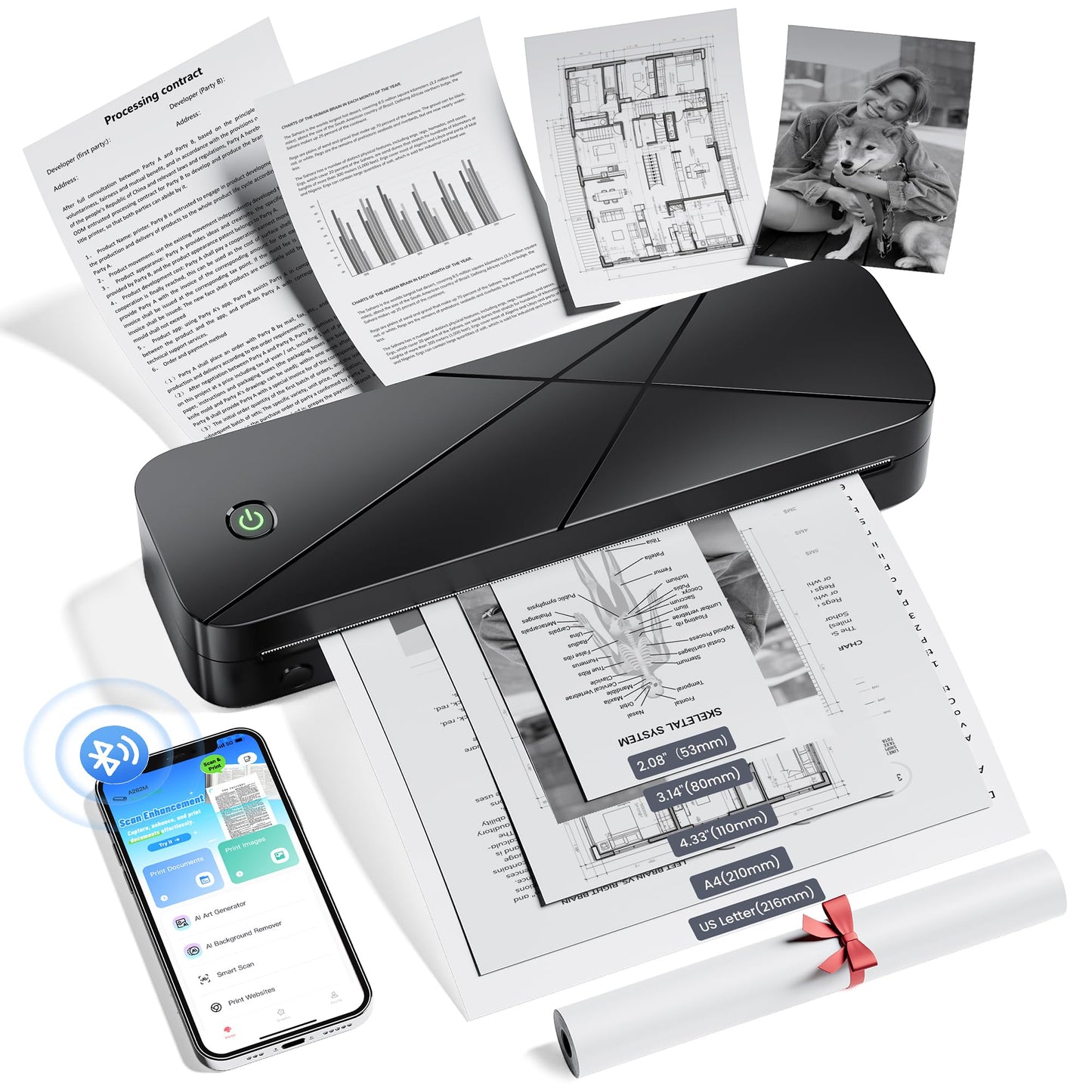 TATTMUSE Portable A282M-BK Thermal Printer Monochrome Bluetooth Wireless Inkless