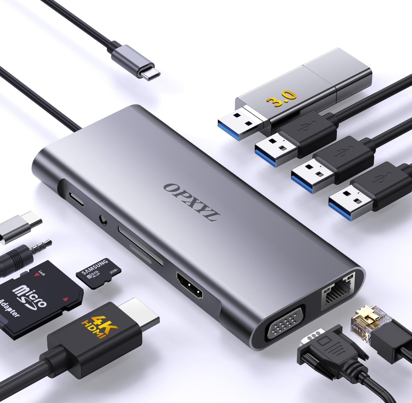 OPXYL 11-in-1 USB C Hub Multiport Adapter with 4K HDMI, VGA 1080P, 100W Power Delivery, Ethernet, USB 3.0