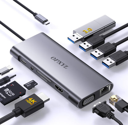 OPXYL 11-in-1 USB C Hub Multiport Adapter with 4K HDMI, VGA 1080P, 100W Power Delivery, Ethernet, USB 3.0