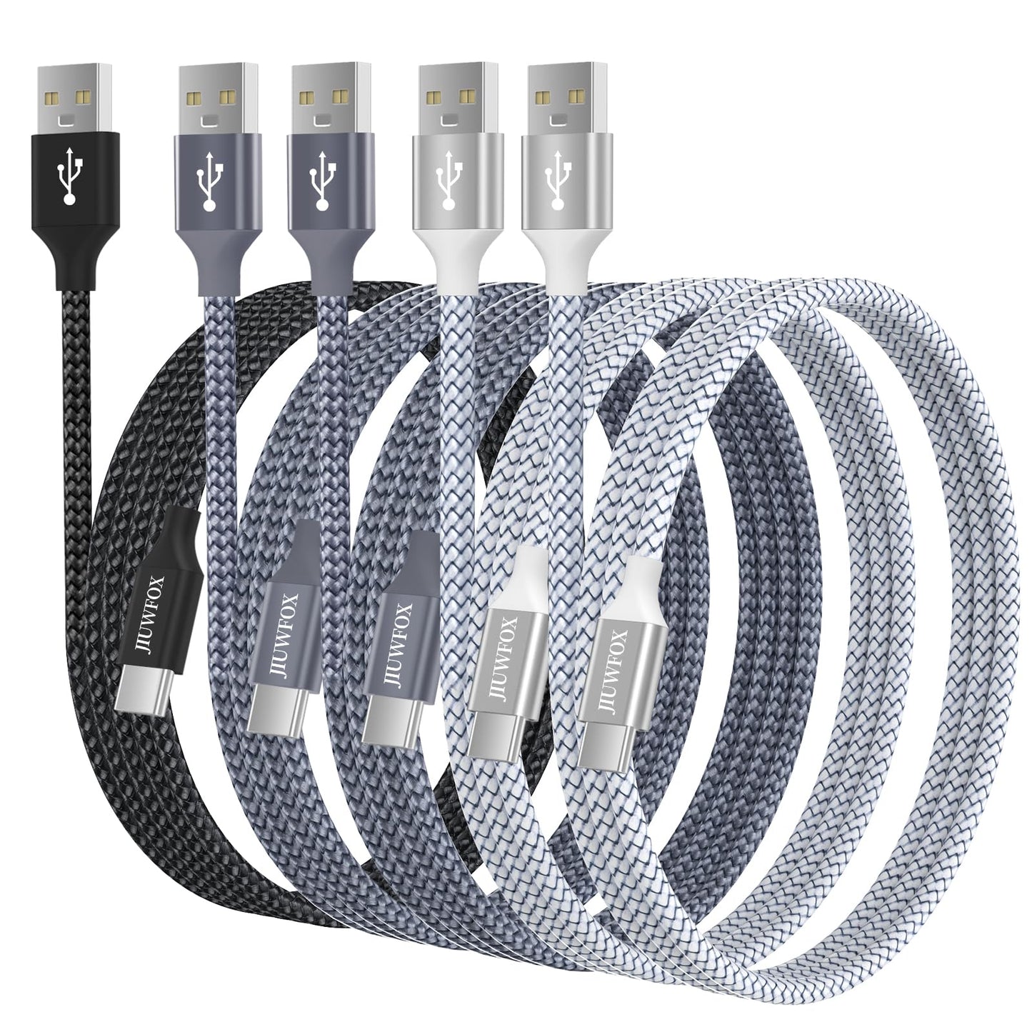 JIUWFOX 5-Piece USB to USB-C Cable Set, Male to Male, 3/3/6/6/10 ft, 3A Fast Charging