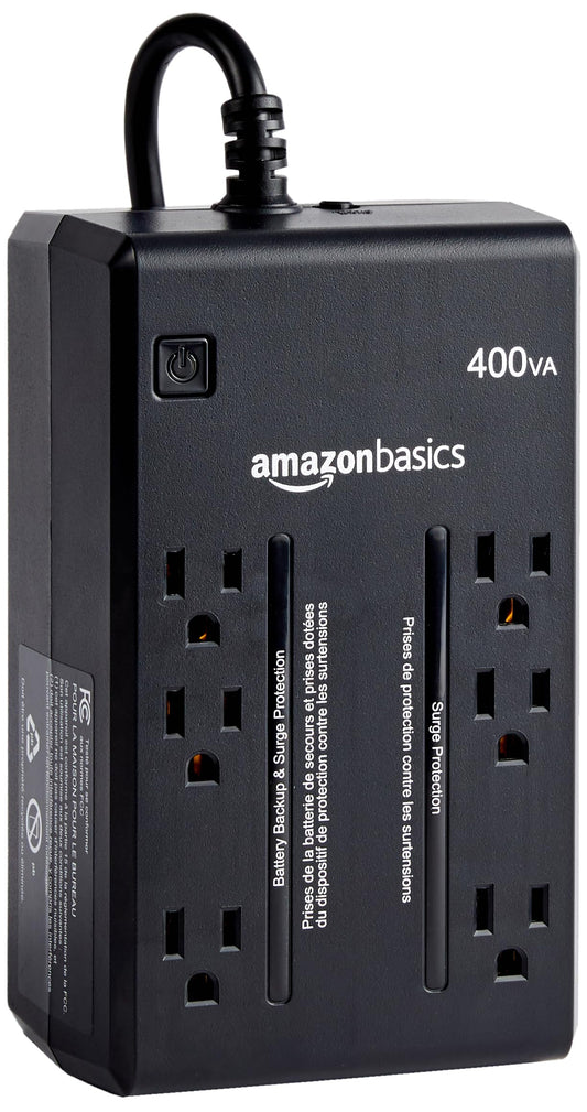 Amazon Basics UPS - 400 VA, 255 Watts, Compact Size, Black, 6 Outlets, NEMA