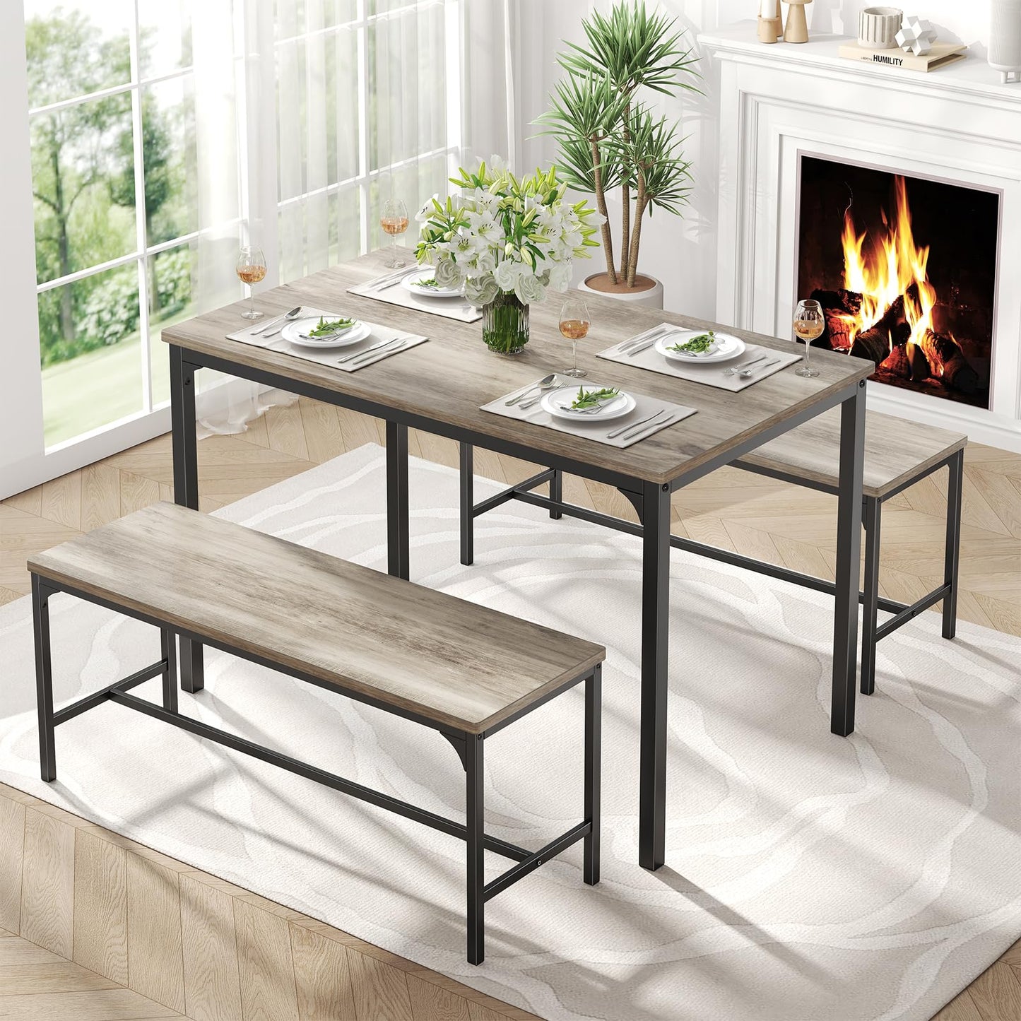 DUMOS 3PCS DUZYT Dining Table Set for 4 with Bench, Grey