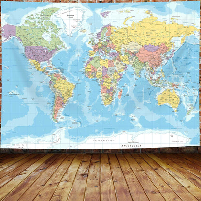 ICTEISOM 60" x 40" Tapestry Wall Hanging, Educational World Map, Fabric, Indoor Use, Rectangular, Unframed, Blue