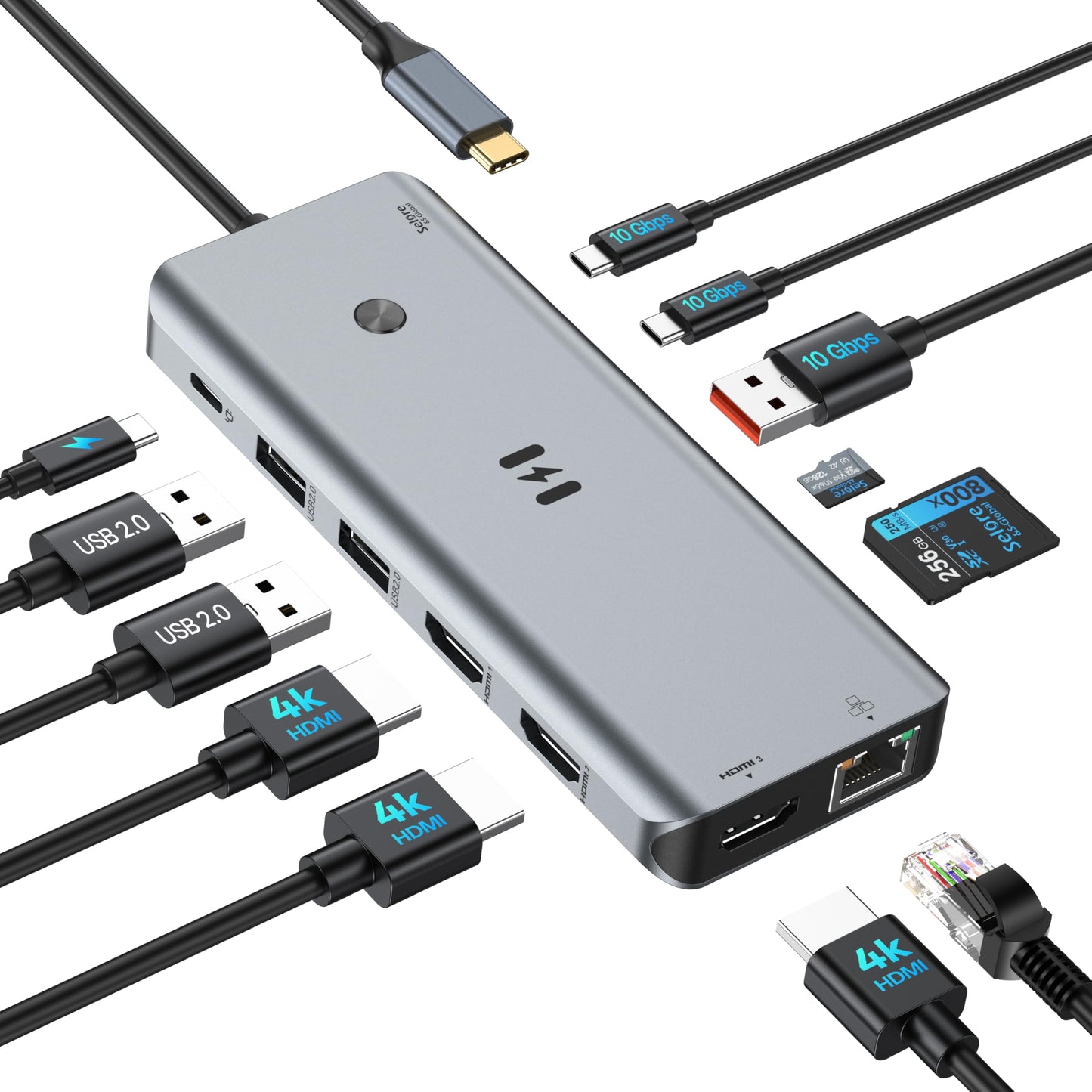 Selore&S-Global 13-in-1 USB C Docking Station 4K Triple HDMI 10Gbps USB A/C 3.1 100W Power Delivery