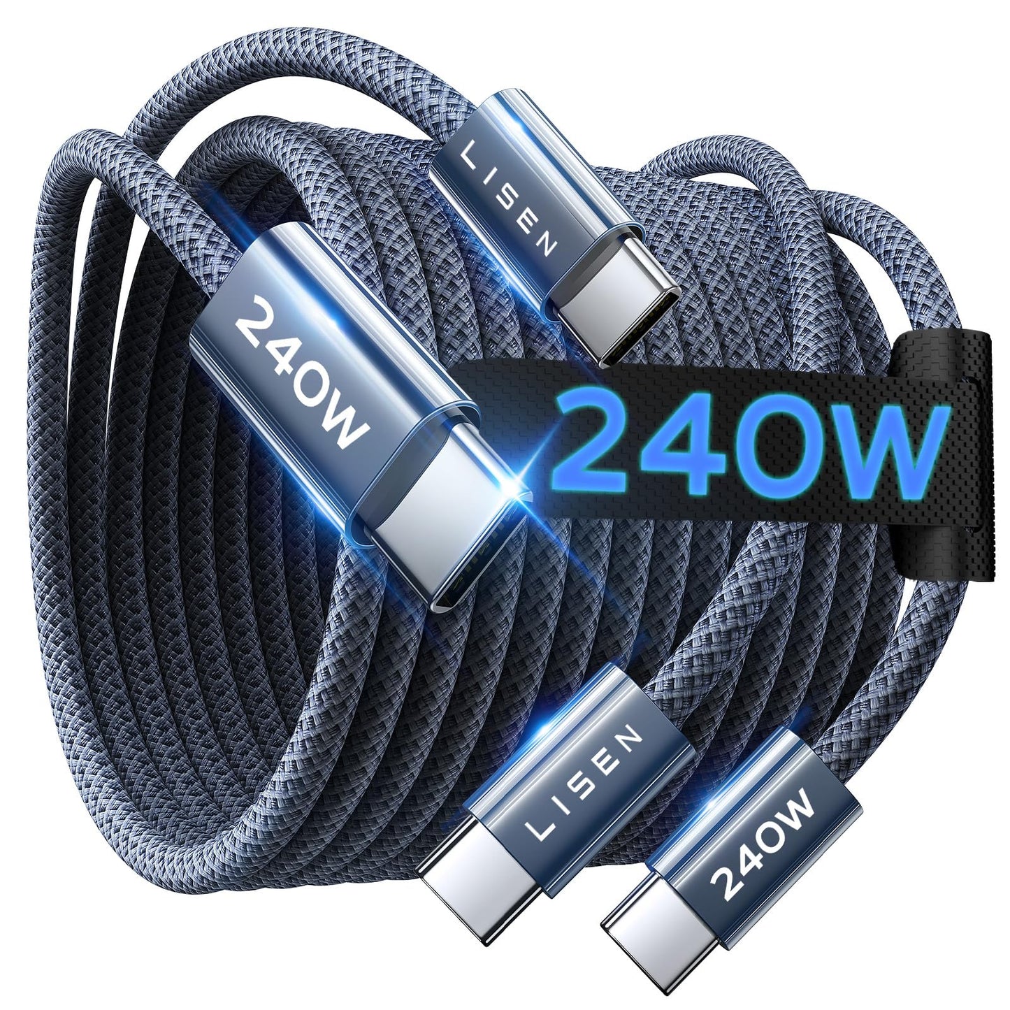 LISEN 6.6 Feet USB C to USB C Cable 240W Charging Type C Charger Fast Charging 2 Pack