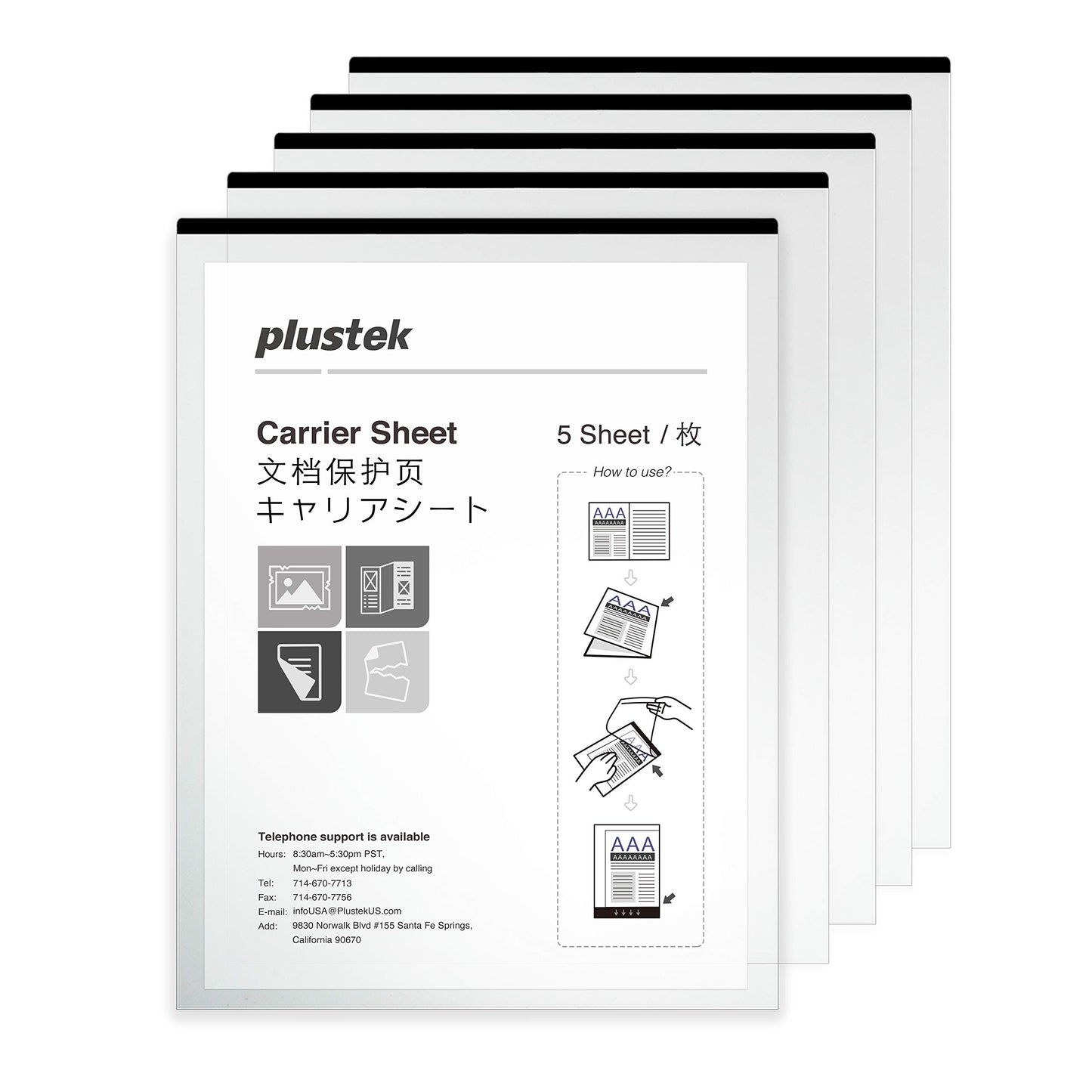 Plustek A4 Document Carrier Sheets Pack of 5