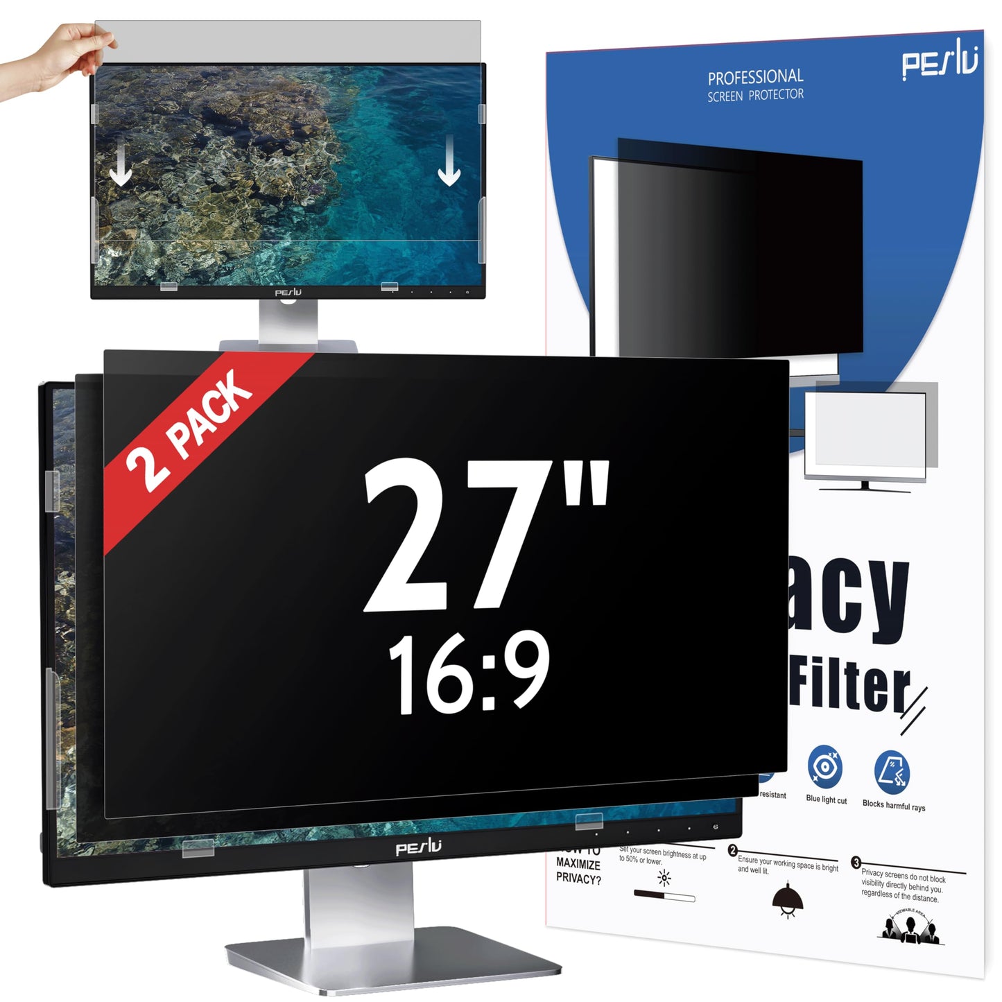 Peslv 27 Inch Privacy Screen Monitor Filter 16:9 Anti-Glare Blue Light Blocker