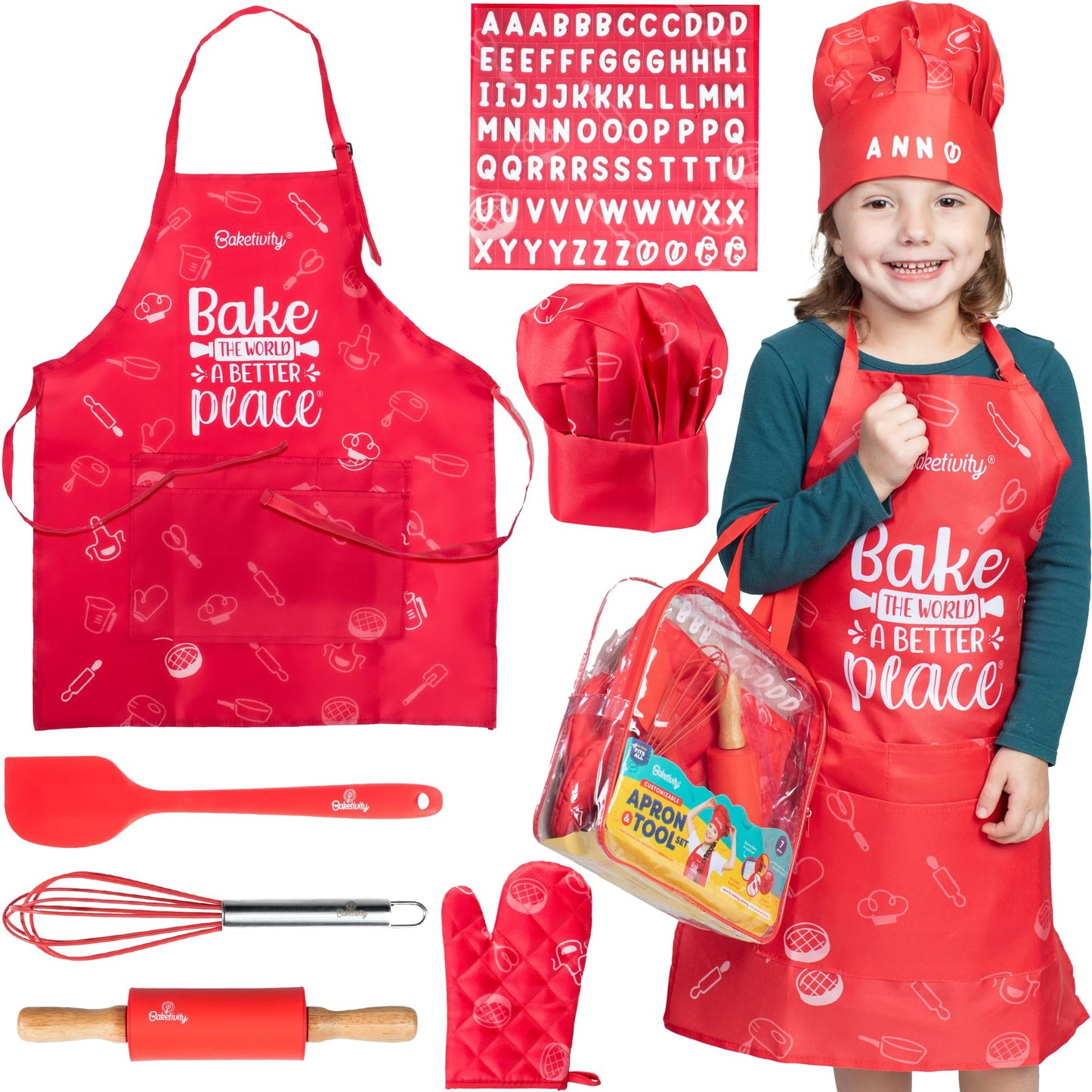 Baketivity Chef Hat and Apron Set for Kids One Size Adjustable Durable Fabric Kitchen Cooking Kit
