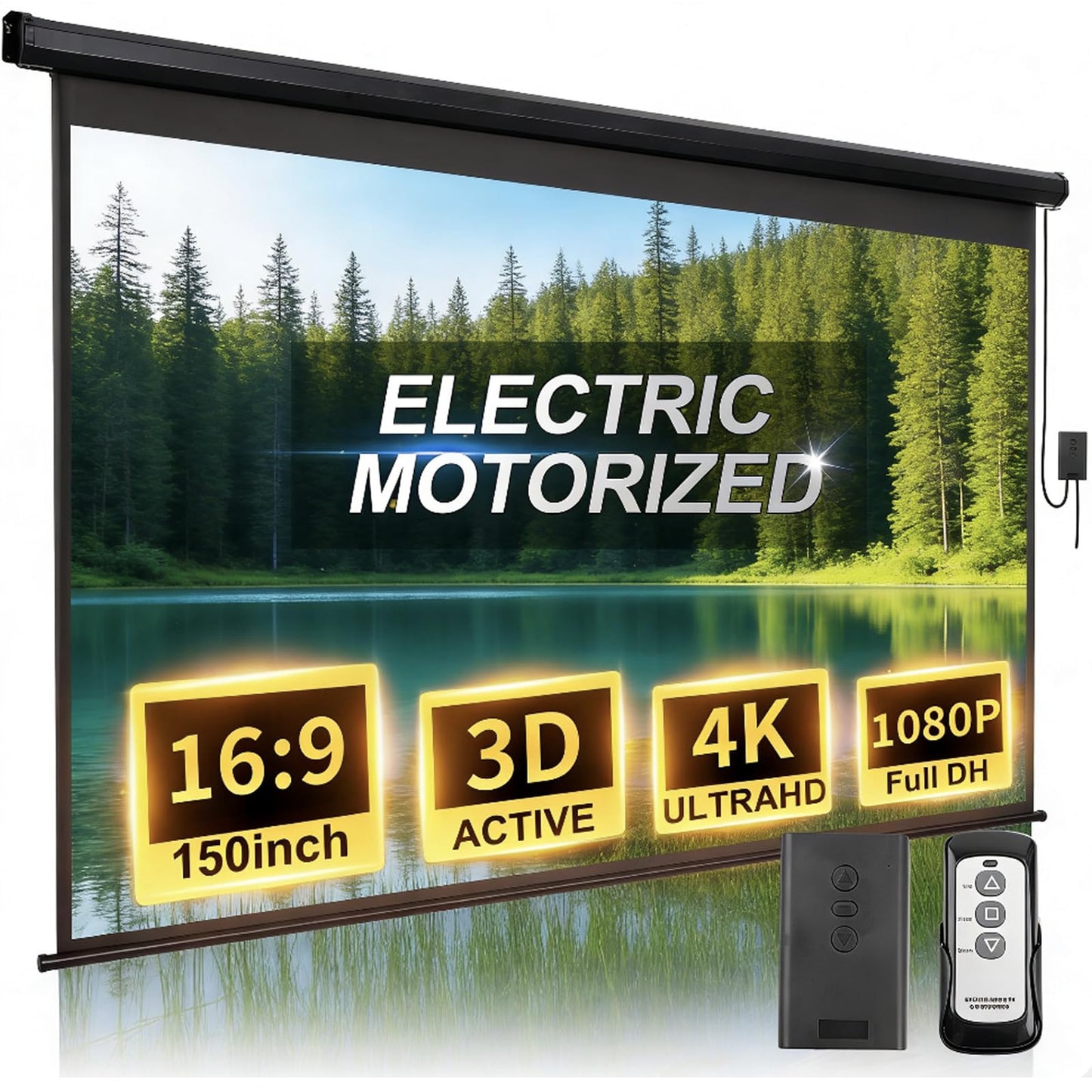 FRAYSCENT 150 Inch 150in(16:9)-Black Projector Screen Automatic Wall Mount Matte Composite
