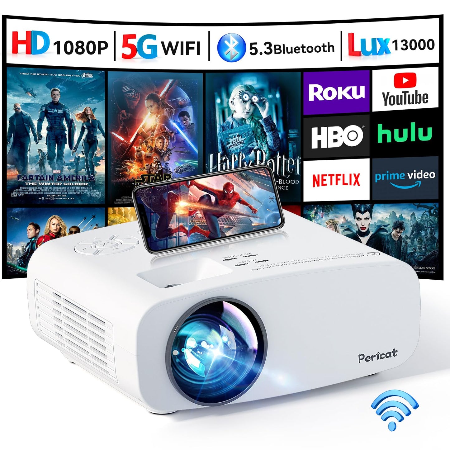Pericat 6.7" x 5.5" PJ108 Portable Projector 1920x1080 LCD