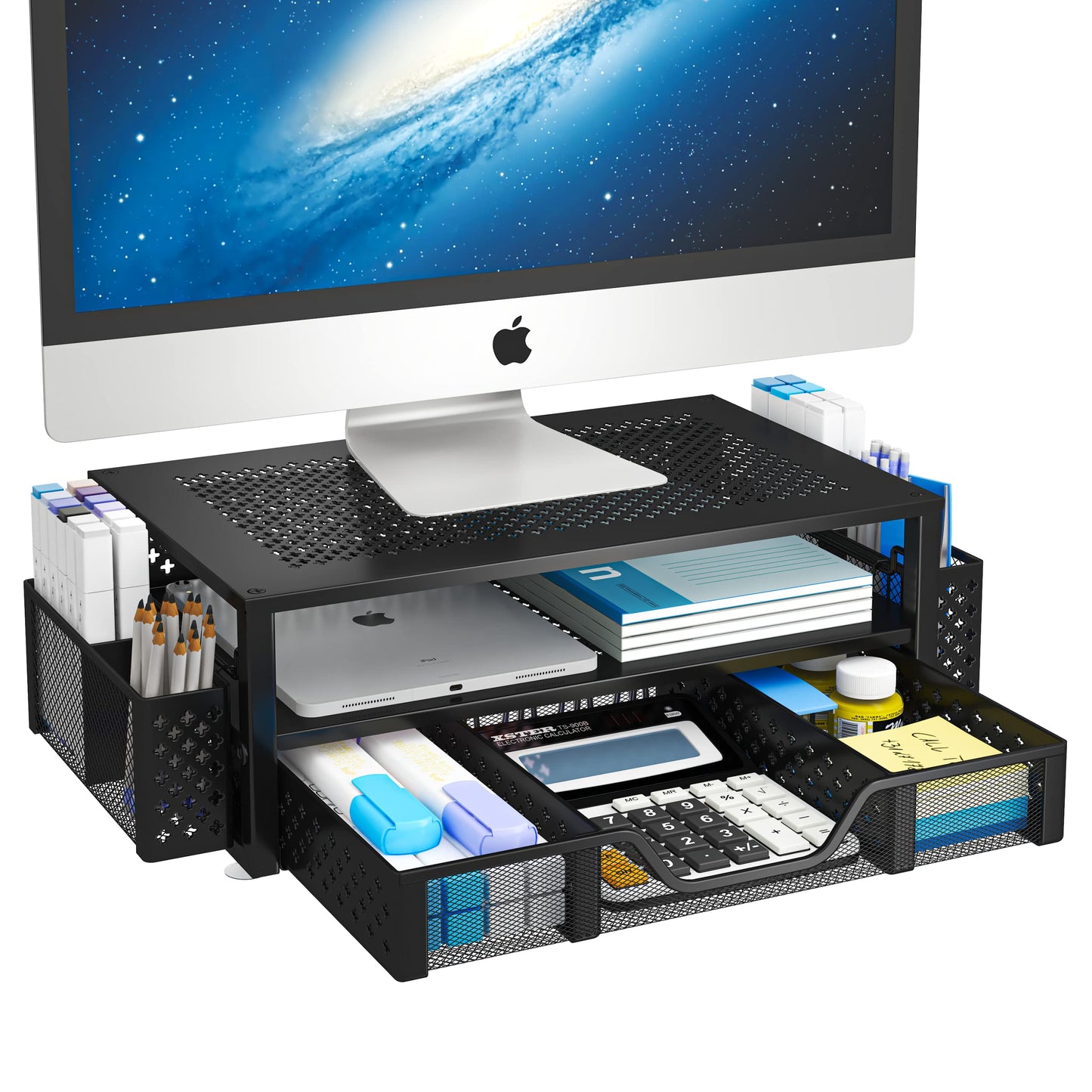 Simple Trending 1 Count ST58593 Metal Monitor Stand with Drawer and Pen Holder Black
