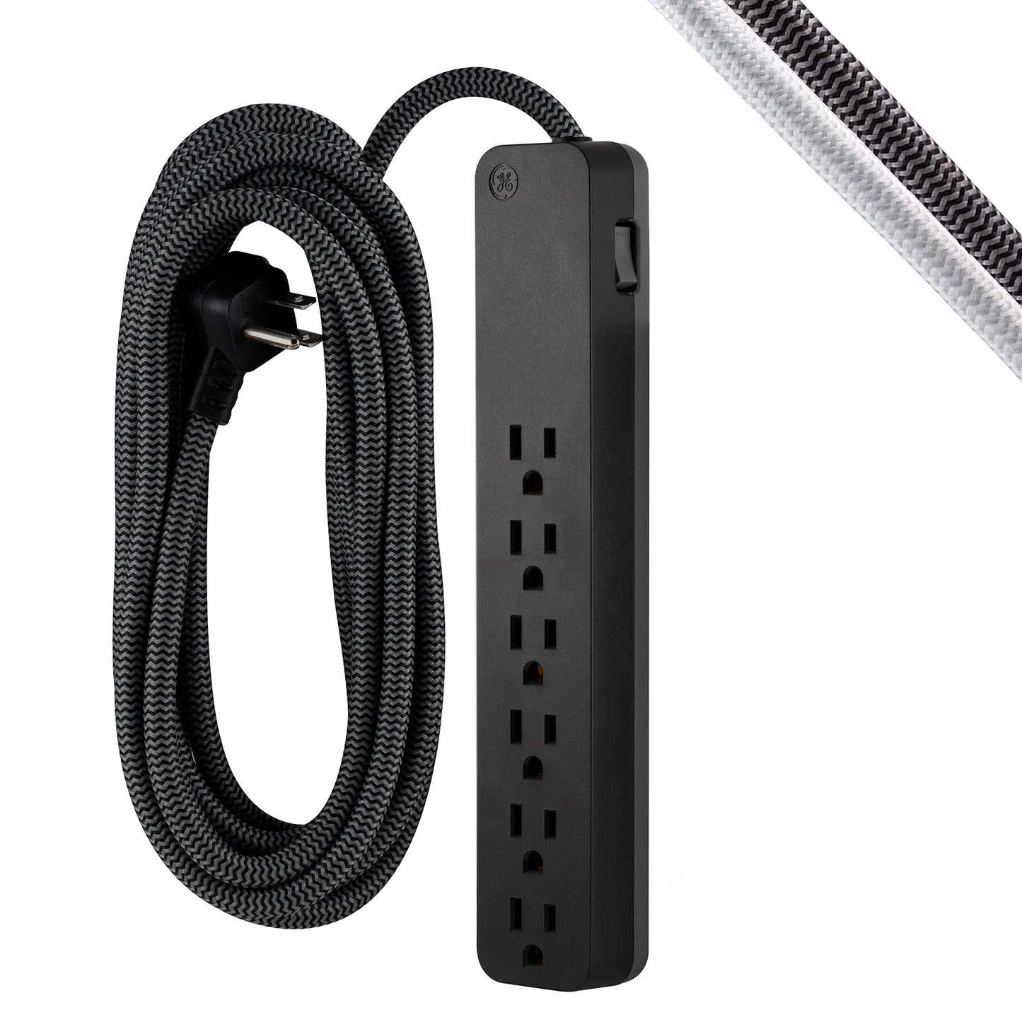 GE 6-Outlet Surge Protector with 20 Ft Braided Extension Cord, 240 Volts, 840 Joules Surge Rating, Model 62943