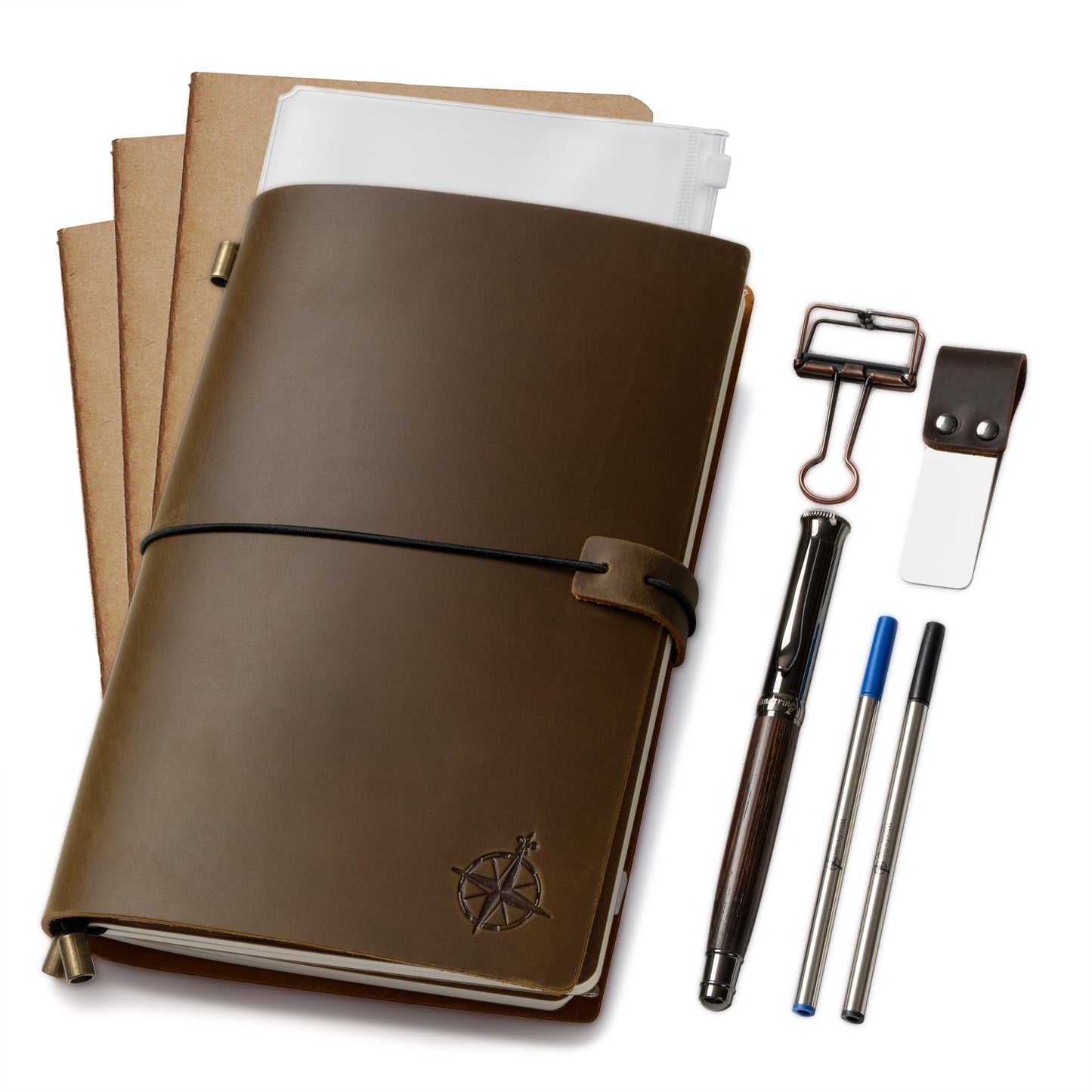 WANDERINGS A5 Travelers Notebook Bundle – 5.5" x 8.3" – Full-Grain Leather Journal with Pen Holder, Rollerball Pen, 3 Ink Refills, PVC Folder & Binder Clip