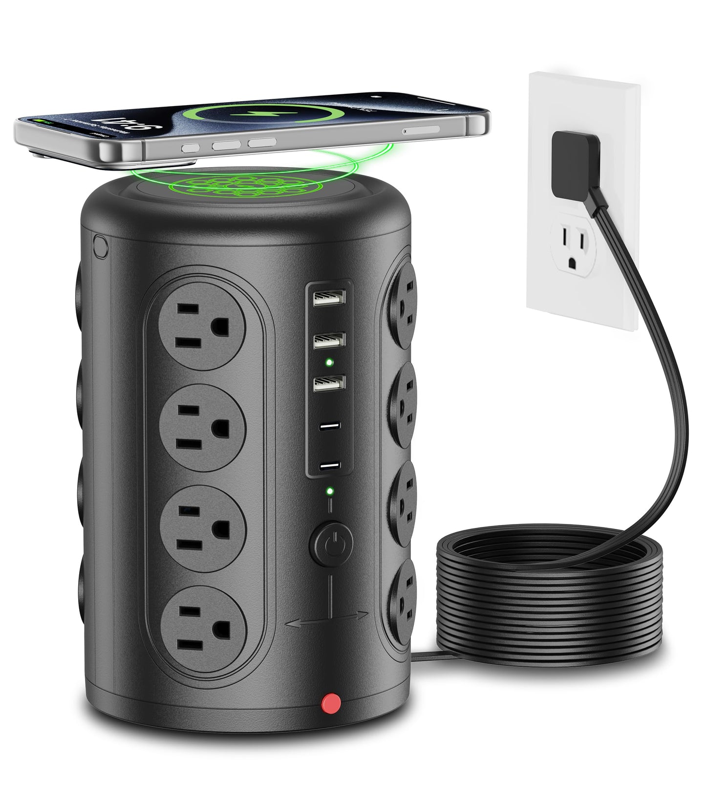 TenTrend 16 Outlets Power Strip Tower with 5 USB Ports, 15 Amps, Type B Plug, 2000 Joules Surge Protection, Black