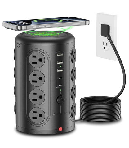 TenTrend 16 Outlets Power Strip Tower with 5 USB Ports, 15 Amps, Type B Plug, 2000 Joules Surge Protection, Black