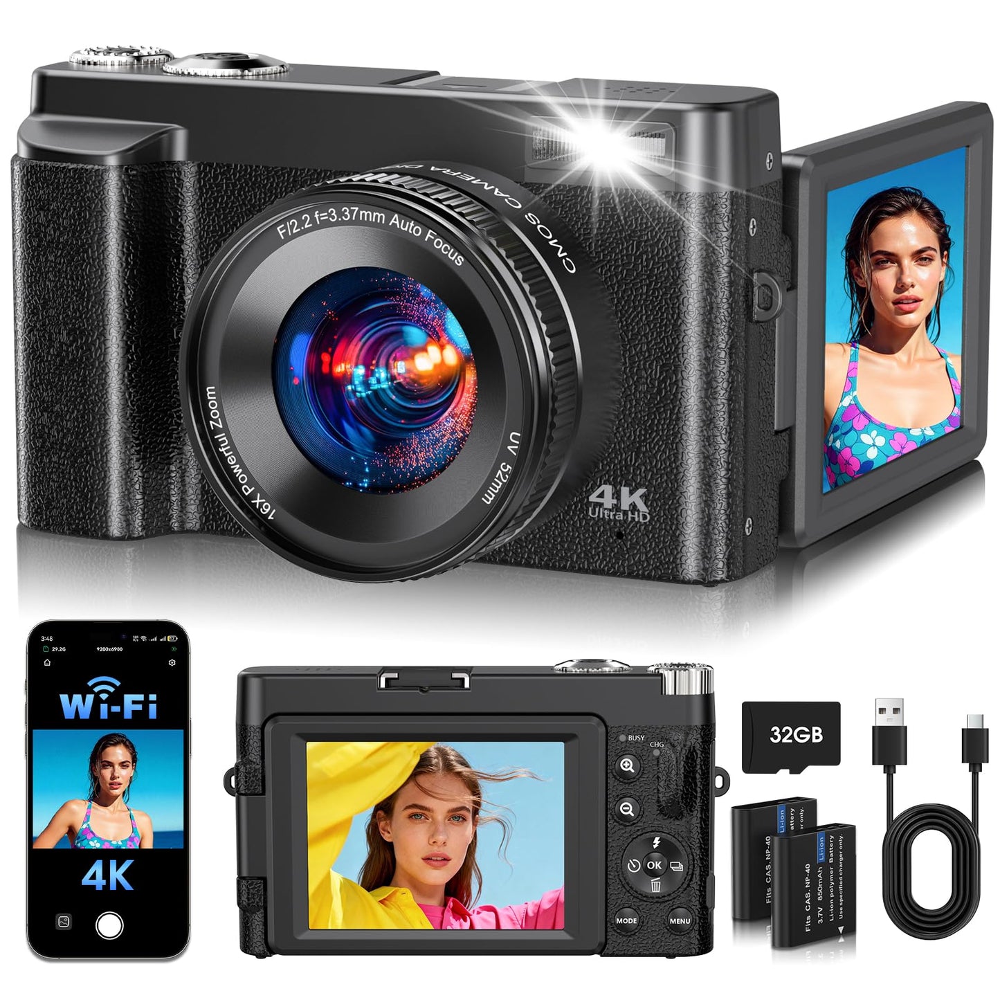 TESFOT 64MP DC101 Compact Camera with 180° Flip Screen and 4K Video