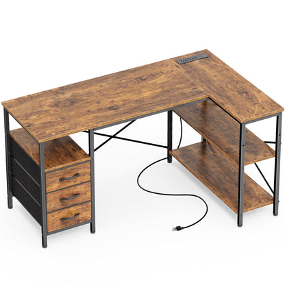Huuger 47 inch L-Shape Computer Desk with Power Outlets, 3 Drawers, 2 Shelves, Rustic Brown