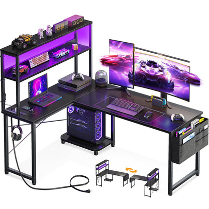 AODK 53 Inch L-Shape Computer Desk with Power Outlet and LED Light Strip, Black