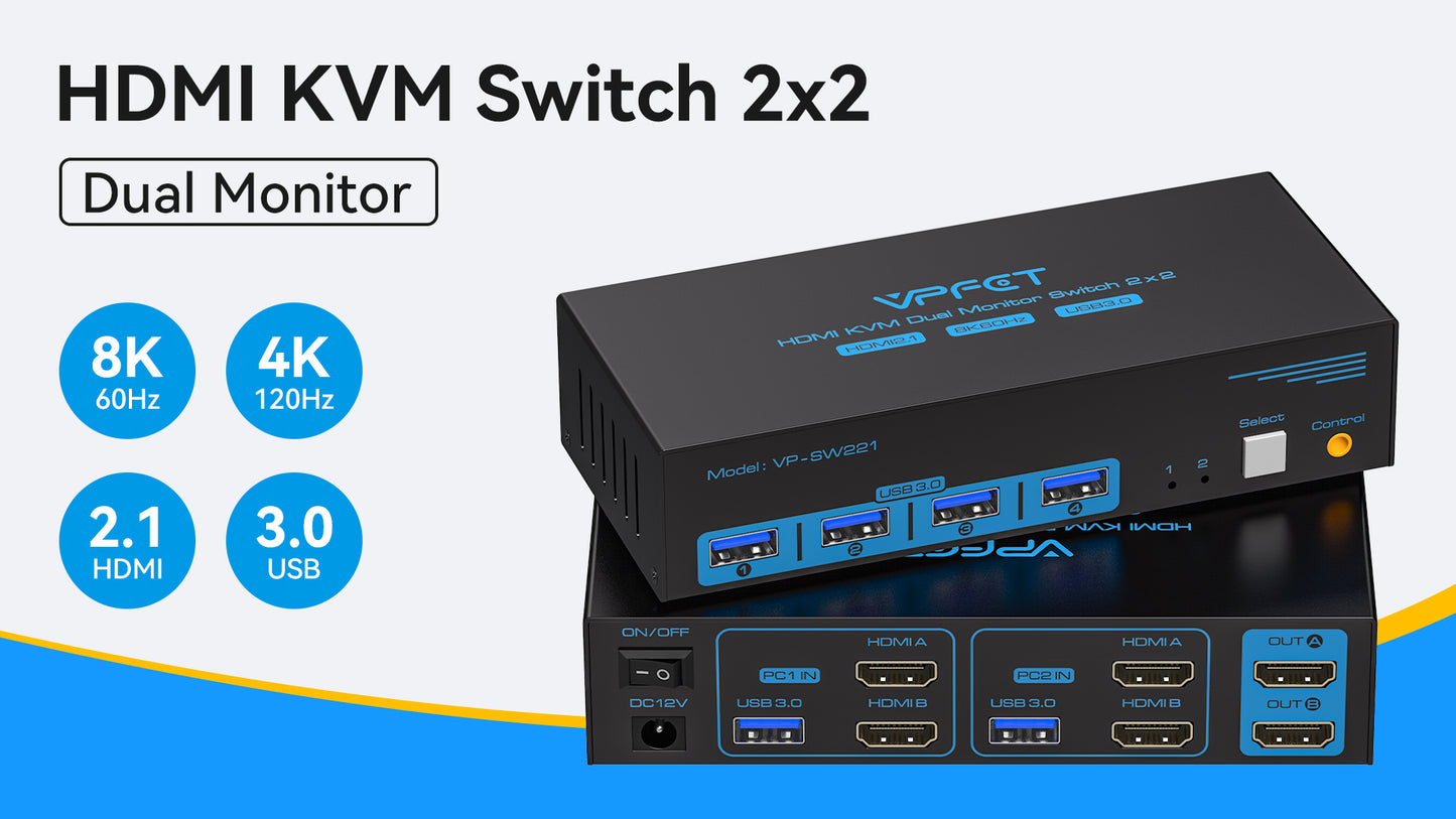 VPFET 2 Ports SW221-Deep Blue 12V DC 1A USB 3.0 KVM Switch Model