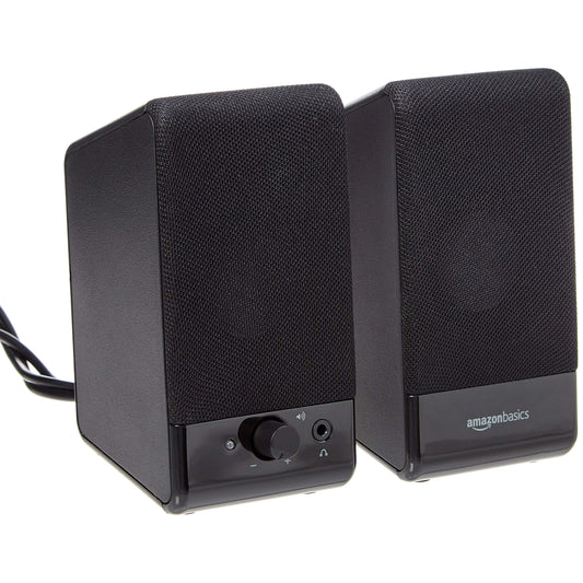Amazon Basics 2.0 Stereo USB-Powered Speakers U213, 2.1 Watts Output, 3.5mm Aux Input, Portable, Black