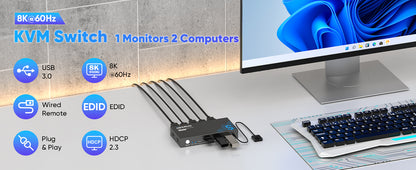 Hearvo 1 Monitor 2 Computers S7229H 8K@60Hz KVM Switch USB 3.0