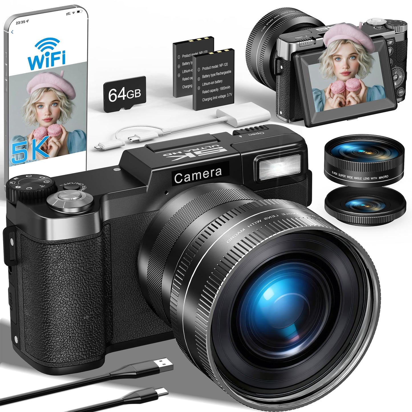 FLATIC CDR2H Compact 64 MP CMOS Digital Camera 5K Video AMOLED Display